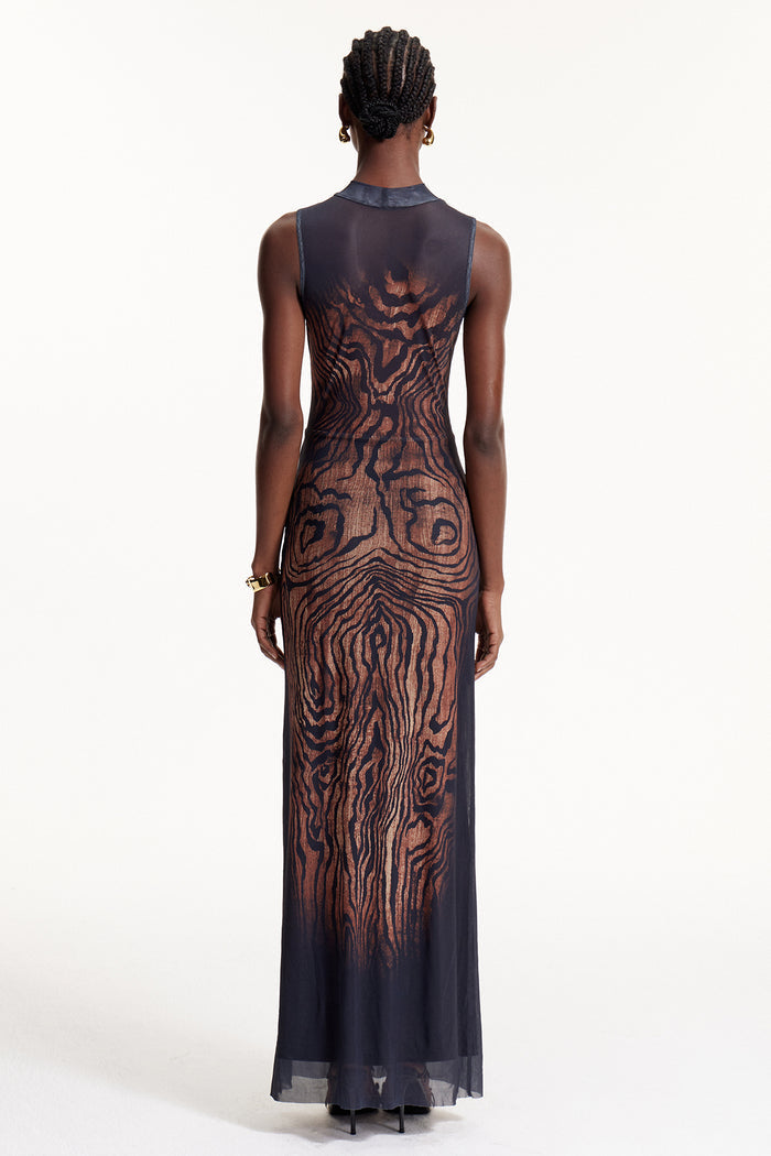Elo Asymmetric Stripe Mesh Maxi Dress