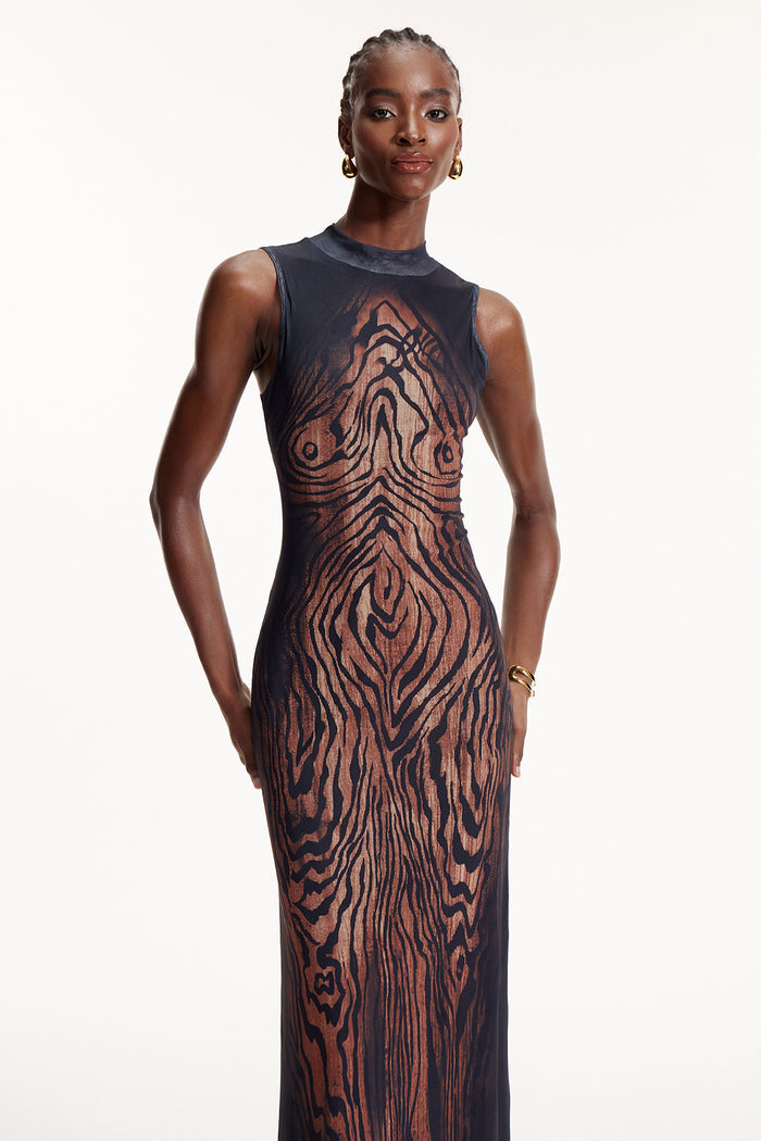 Elo Asymmetric Stripe Mesh Maxi Dress