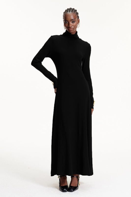 Elodie High Neck Ruffle Maxi Dress In Black