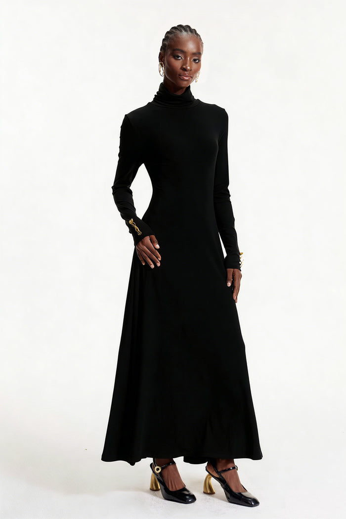 Elodie High Neck Ruffle Maxi Dress In Black