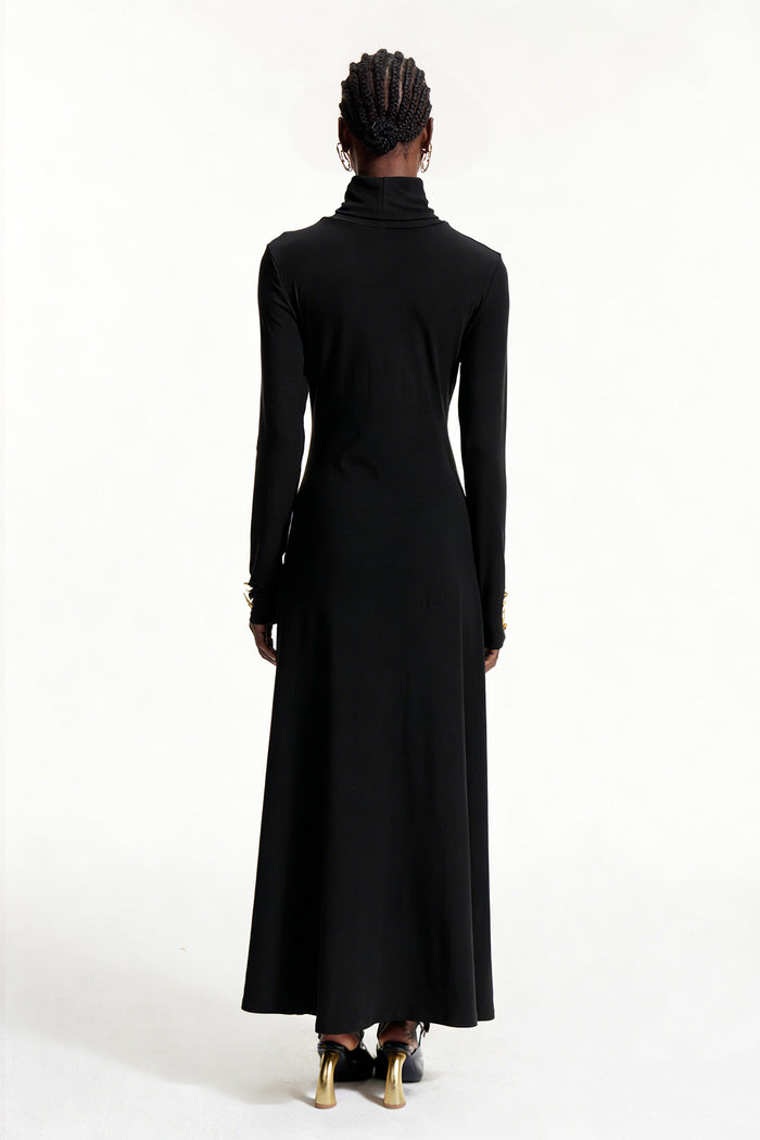 Elodie High Neck Ruffle Maxi Dress In Black