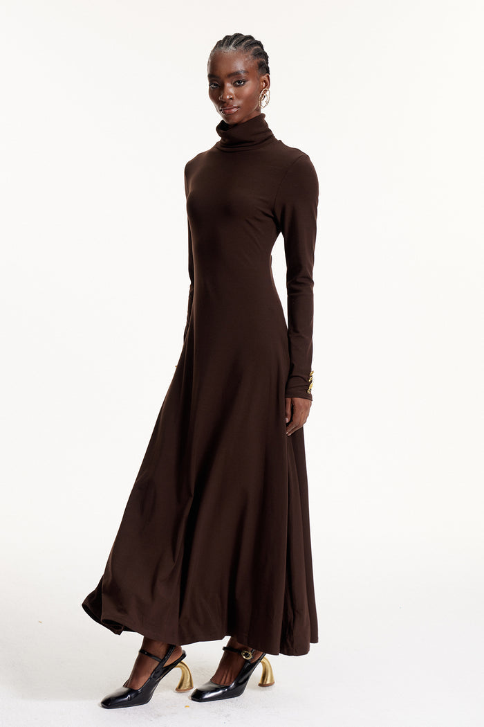Elodie High Neck Ruffle Maxi Dress In Brown
