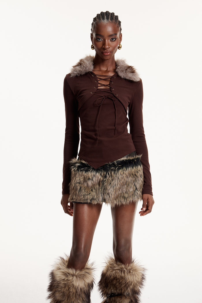 Eloise Faux Fur Lace Up Top In Brown