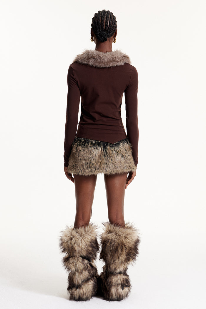 Eloise Faux Fur Lace Up Top In Brown