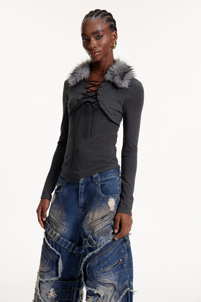Eloise Faux Fur Lace Up Top In Grey