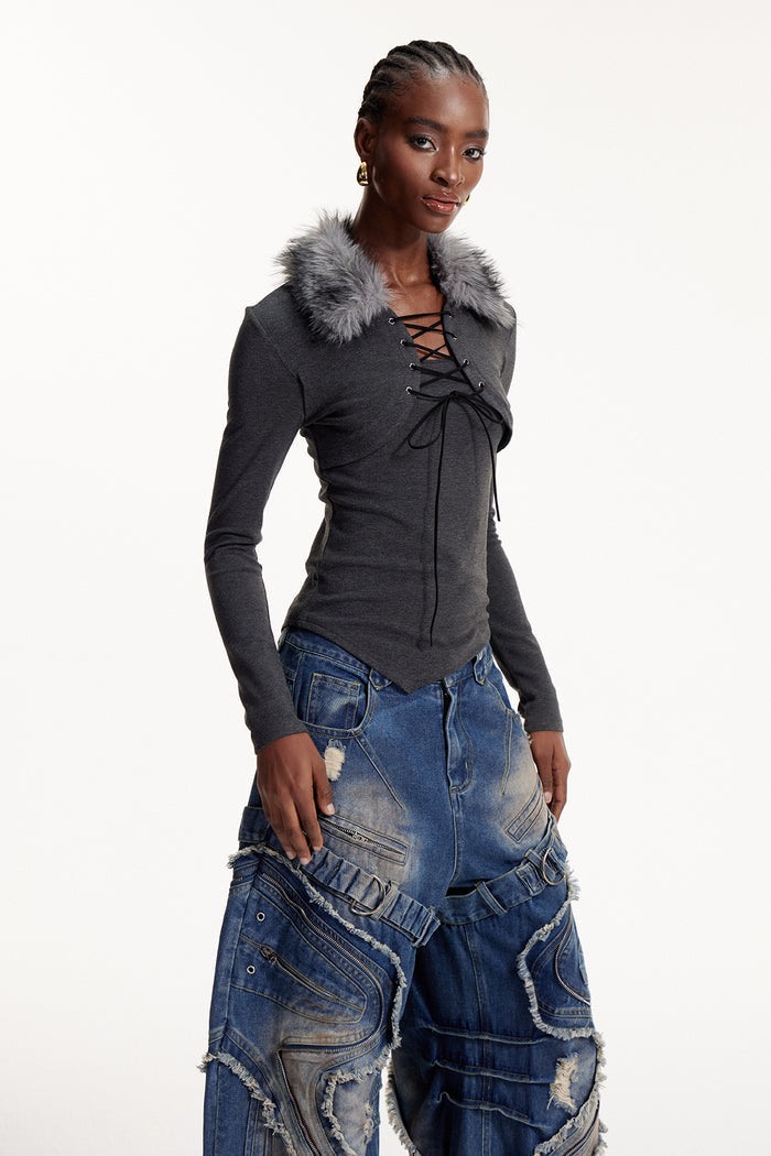 Eloise Faux Fur Lace Up Top In Grey