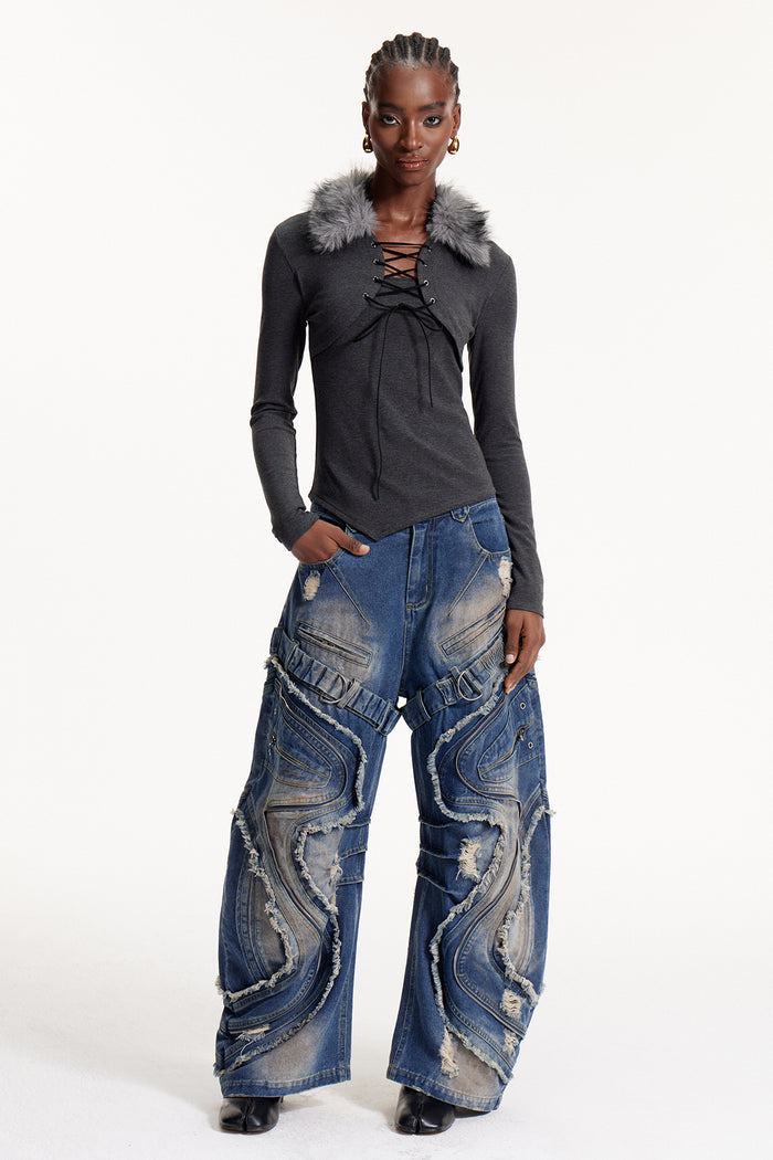 Eloise Faux Fur Lace Up Top In Grey