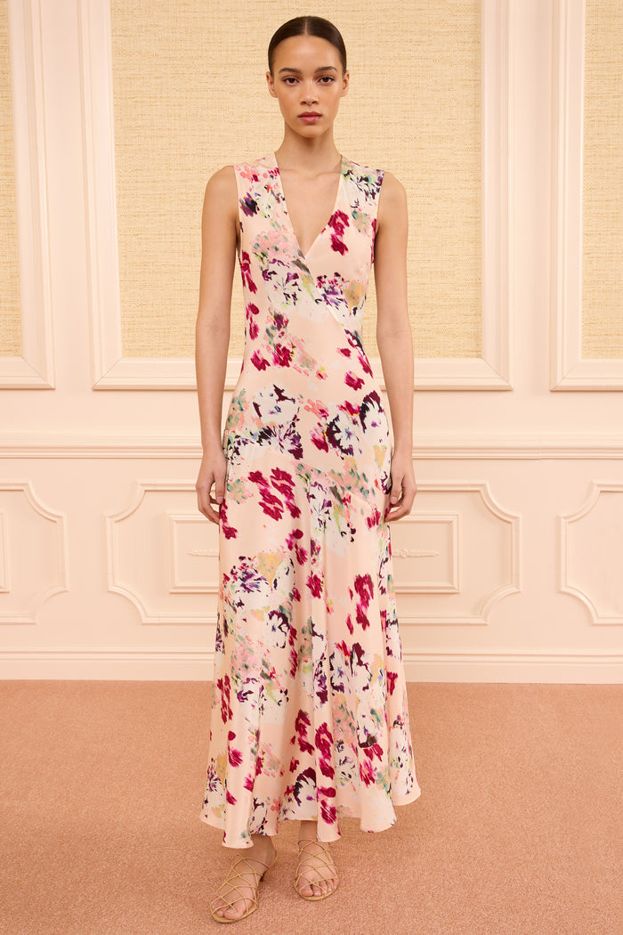 Blush Ikat Floral Silk Maxi Dress - Full Length Front View On Model | Ulla Johnson