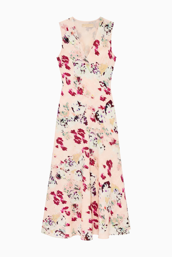 Blush Ikat Floral Silk Maxi Dress - Flat Lay, Designer Sleeveless Gown | Ulla Johnson