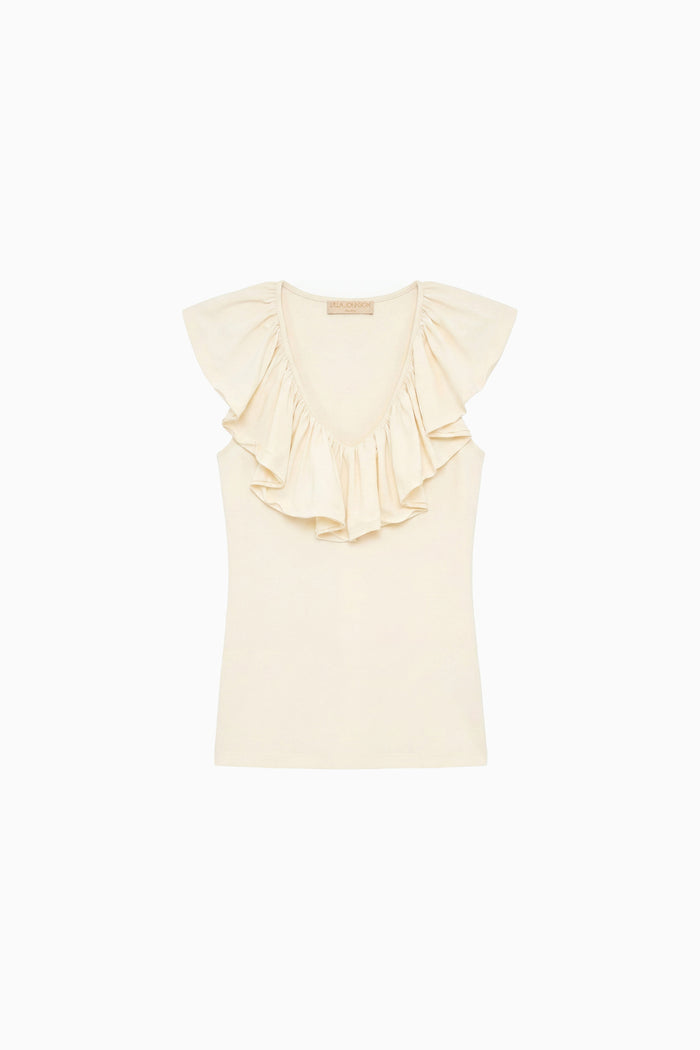 Cowrie Cotton Ruffle-Bib Sleeveless Top - Flat Lay | Ulla Johnson