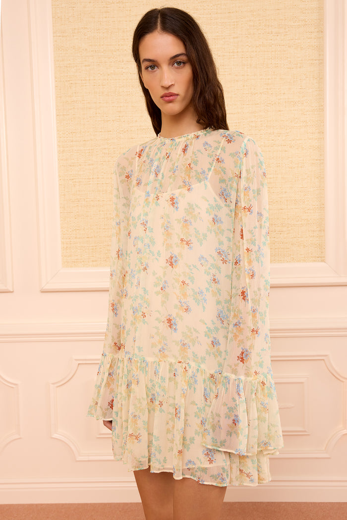 Moon Petal Designer Silk Mini Dress - Front Close-Up, Floral Botanical Print | Ulla Johnson