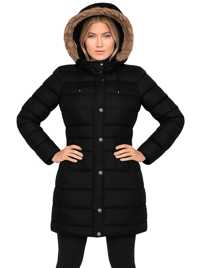 Enzo | Womens Faux Fur Hooded Long Puffer Jacket