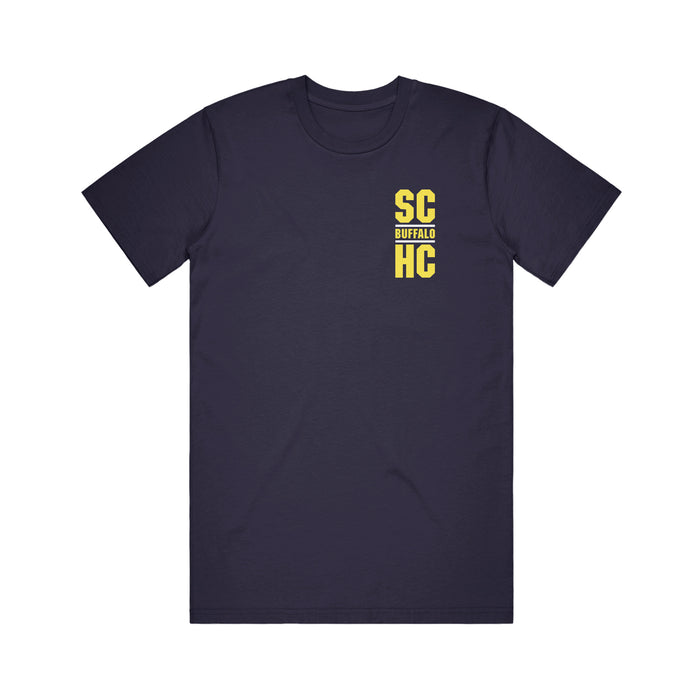 A navy blue Snapcase t-shirt featuring yellow block text reading SC BUFFALO HC arranged vertically on the left chest.