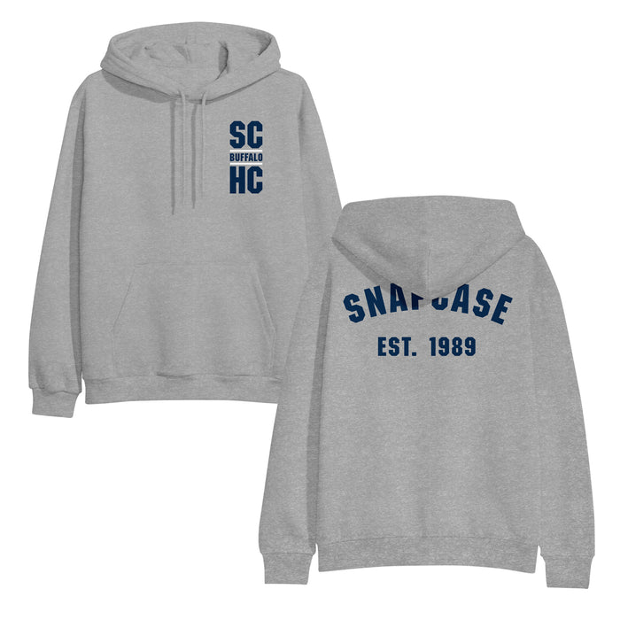 Snapcase gray hooded sweatshirt shown front and back. Front features small blue SC BUFFALO HC text on left chest; back shows large blue SNAPCASE EST. 1989 text.