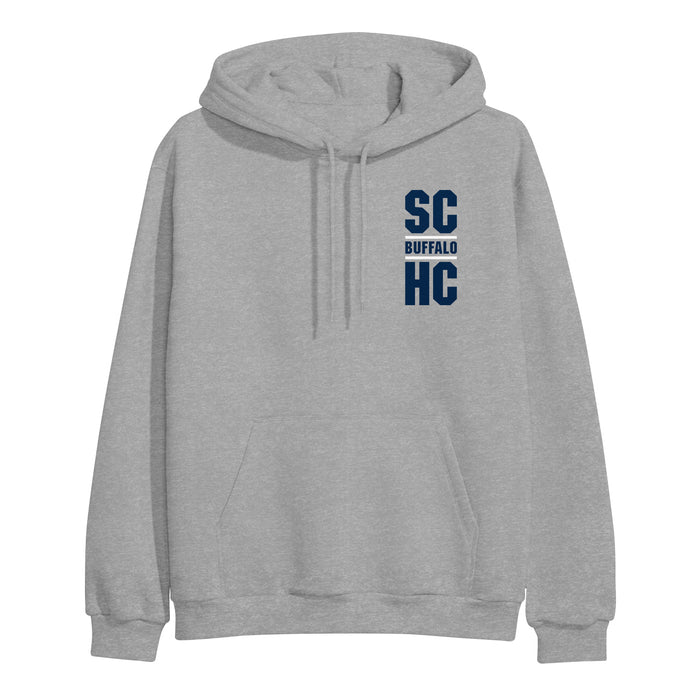 A light gray Snapcase hooded sweatshirt with a front pocket, featuring the text SC BUFFALO HC in dark blue, stacked vertically on the left chest.