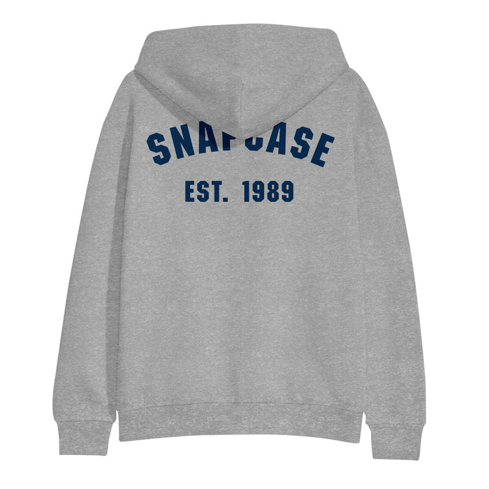 A gray Snapcase hoodie featuring SNAPCASE and EST. 1989 printed in bold navy blue letters on the back.