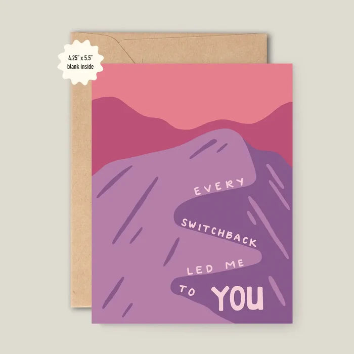 Every Switchback Valentine’s Card with pink and purple abstract mountains and blank inside.