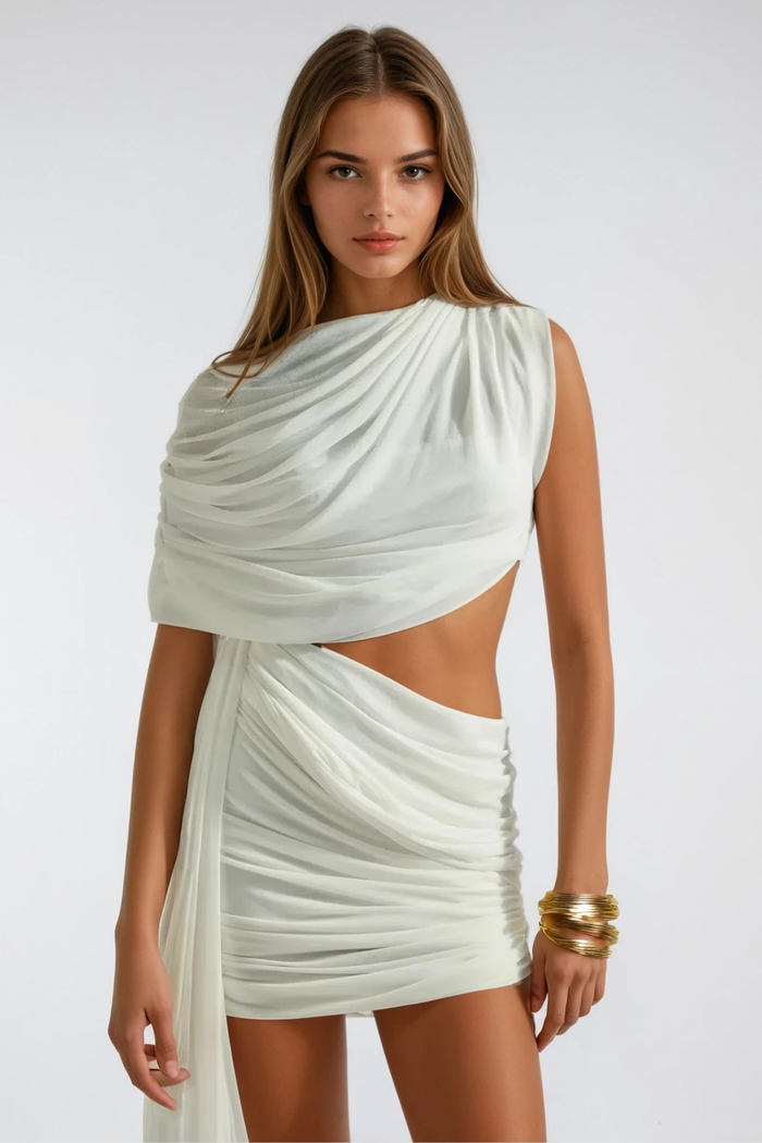Fabiola Asymmetric Ruch Fringe Skirt Set