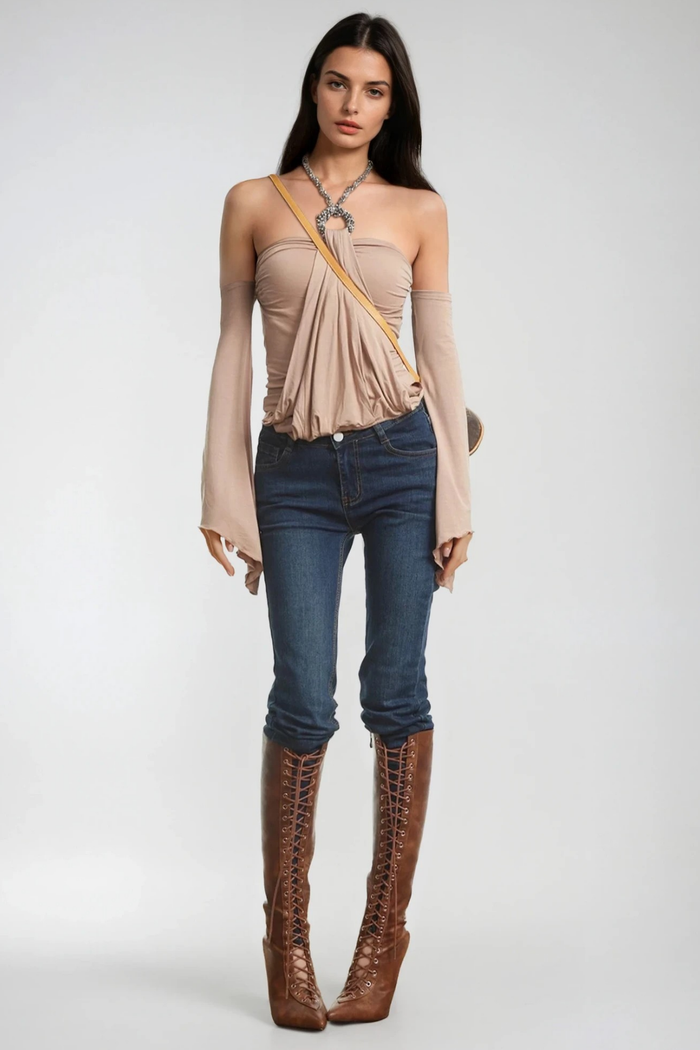 Fable Off Shoulder Draped Top In Light Brown