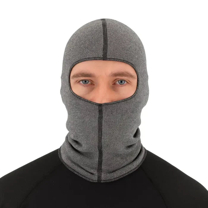 Person wearing a grey marl Sub Zero Factor 1  balaclava on a white background