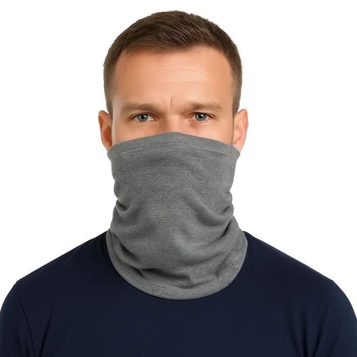Man wearing a Sub Zero Factor 1 Eco thermal neck warmer in grey colour on a white background
