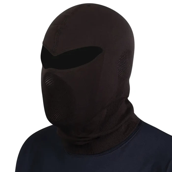 Sub Zero Factor 1 Plus balaclava in black shown from the side highlighting the mesh face and ear design on a white background