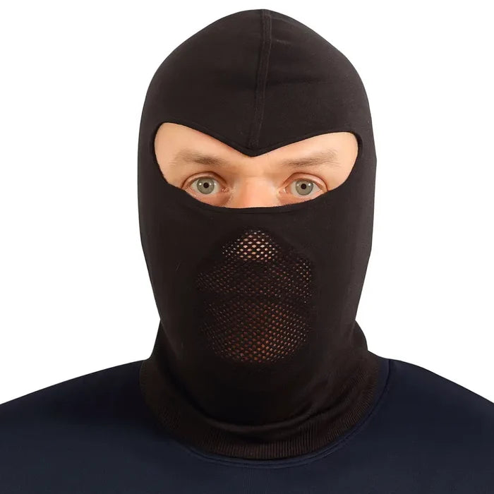 Person wearing a Sub Zero Factor 1 Plus balaclava shown from the front highlighting the mesh face design and the eye hole structure on a white background
