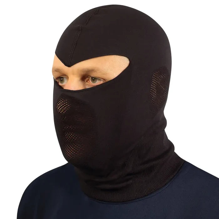 Person wearing a Sub Zero Factor 1 Plus balaclava shown from the side highlighting the mesh face and ear design on a white background