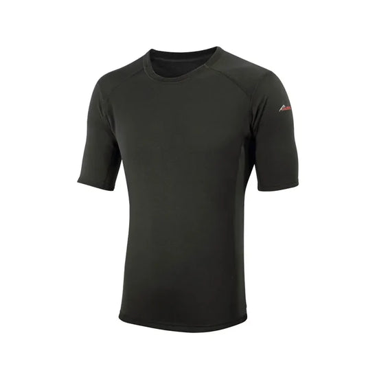 Front detail of Sub Zero Factor 2 mens short sleeve thermal mid layer top in black colour photographed on a white background