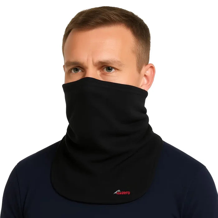 Head and shoulders shot of a man wearing a Sub Zero Factor 2 neck warmer in black on a white background
