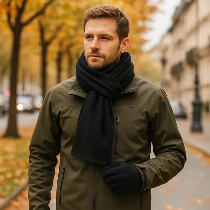 A man wearing a Sub Zero Factor 2 Scarf L/XL in a Parisian knot along an autumnal city road