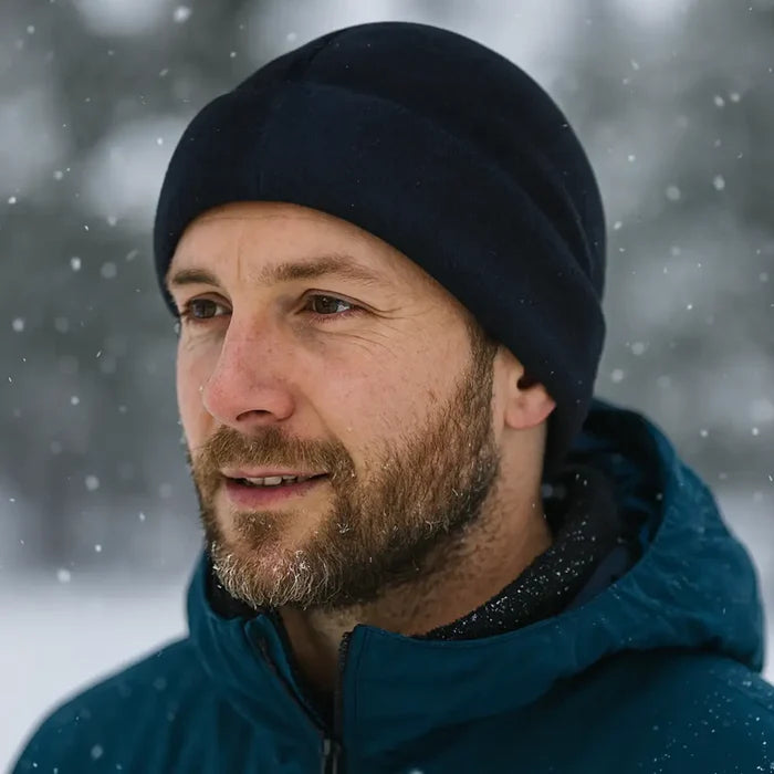 Man wearing a Sub Zero Factor 3 polyamide dark navy beanie and blue jacket in a snowy landscape