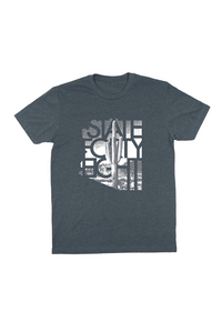 Front view of heather gray Fading Saguaro Tee with a bold white graphic across the chest.