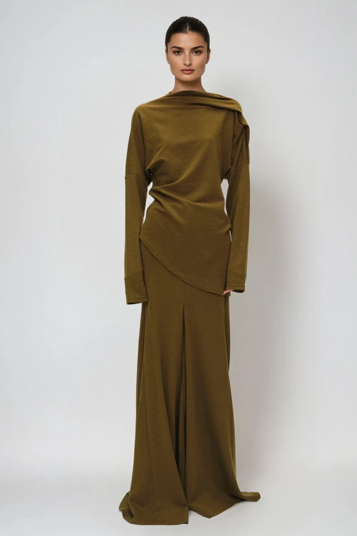 Fadl Long Sleeve Skirt Set In Olive