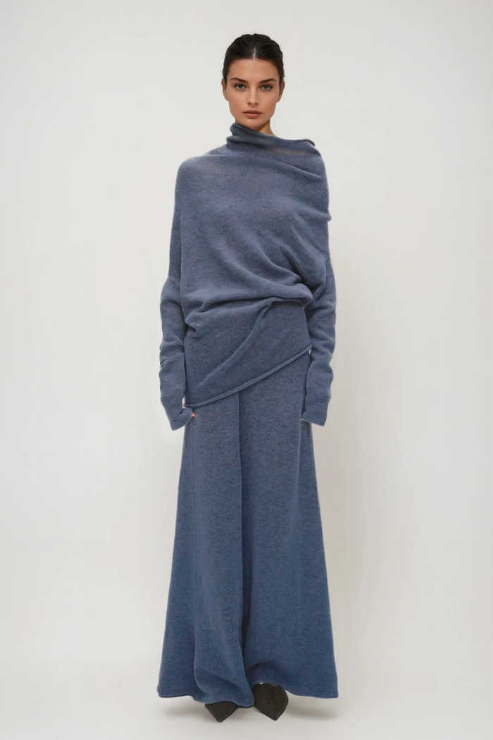 Fadl Long Sleeve Wool Skirt Set In Blue