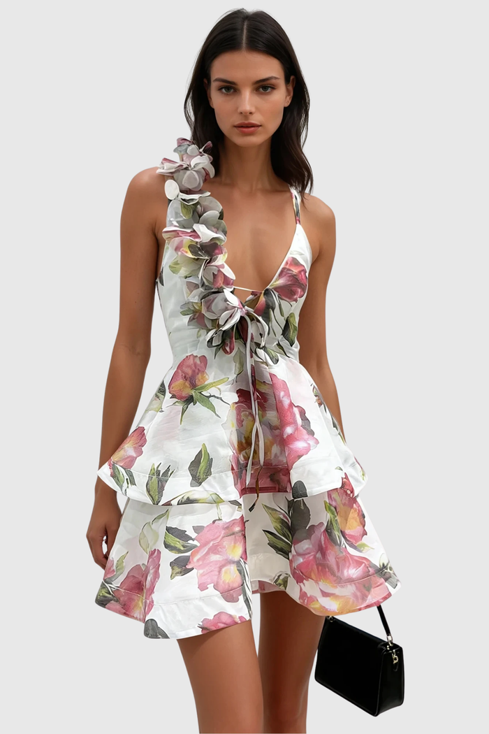Faigel Flower Asymmetric Ruffle Mini Dress In White
