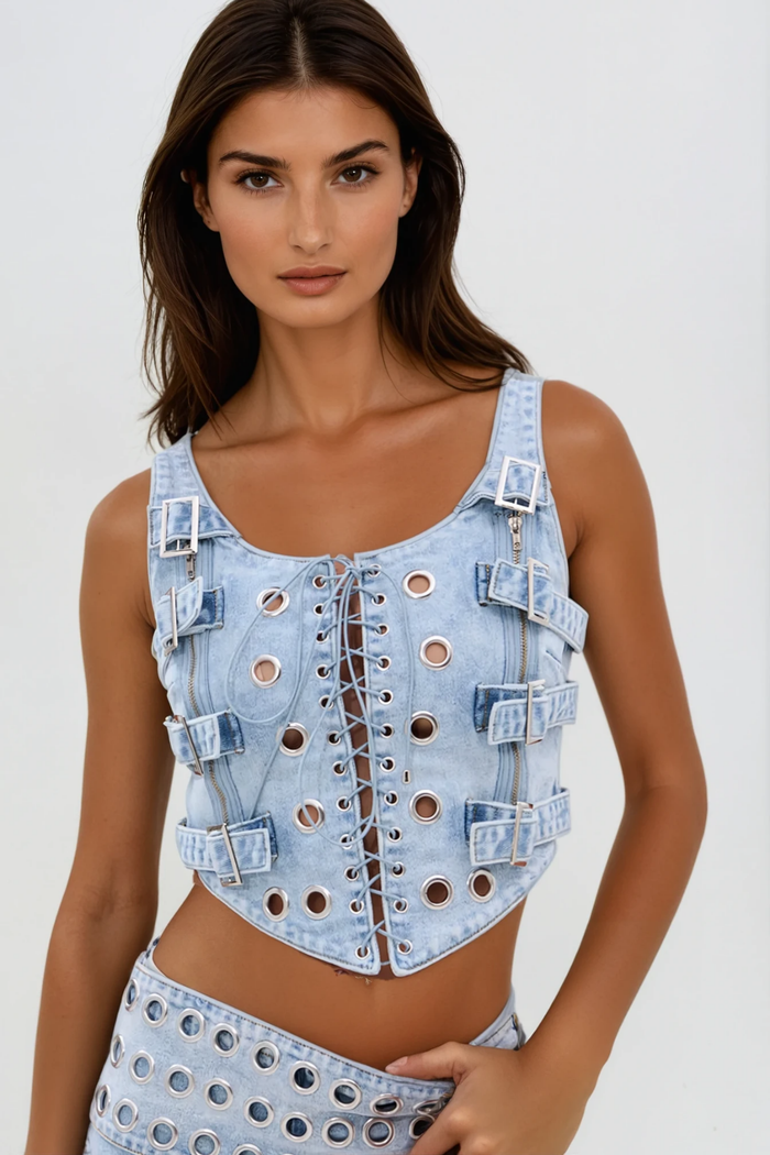 Faithe Buckle Lace Up Eyelet Denim Pants Set