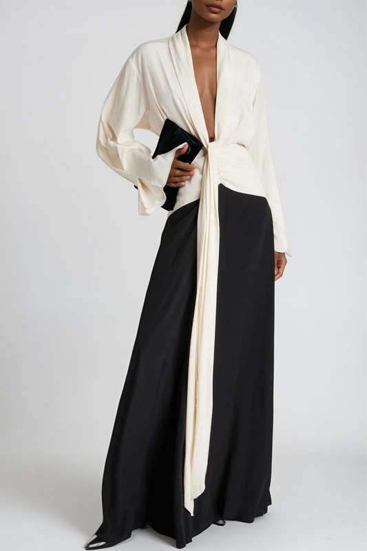 Faivish Tie Up Plunge Fringe Skirt Set
