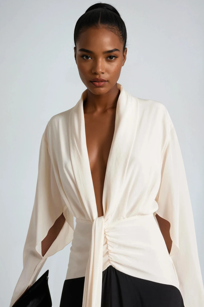 Faivish Tie Up Plunge Fringe Skirt Set