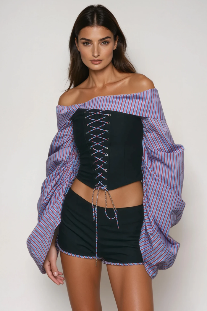 Fajra Off Shoulder Stripe Lace Up Pants Set In Black