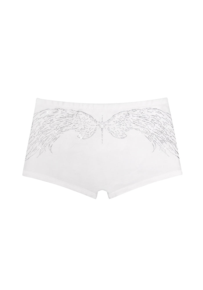 White hotpants with rhinestone wing design displayed front view on a flat surface, made from organic cotton.