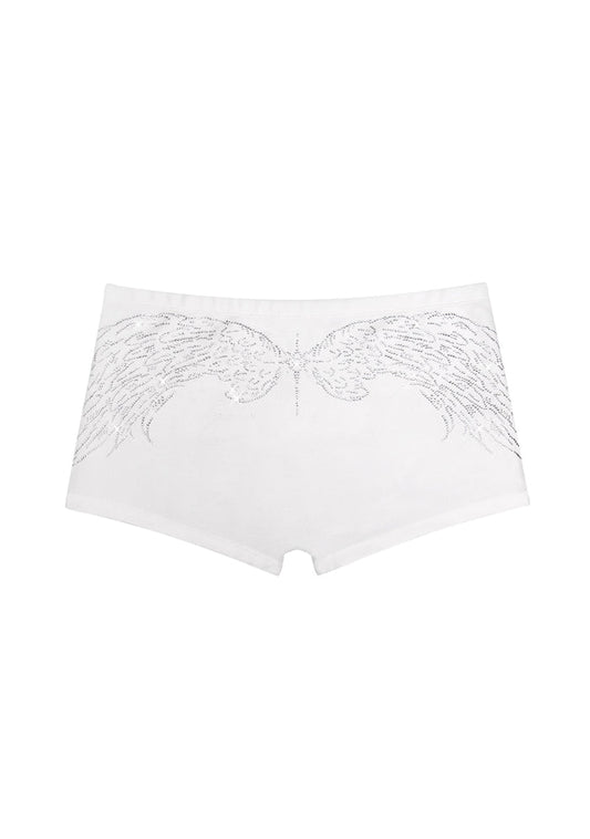 White hotpants with rhinestone wing design displayed front view on a flat surface, made from organic cotton.
