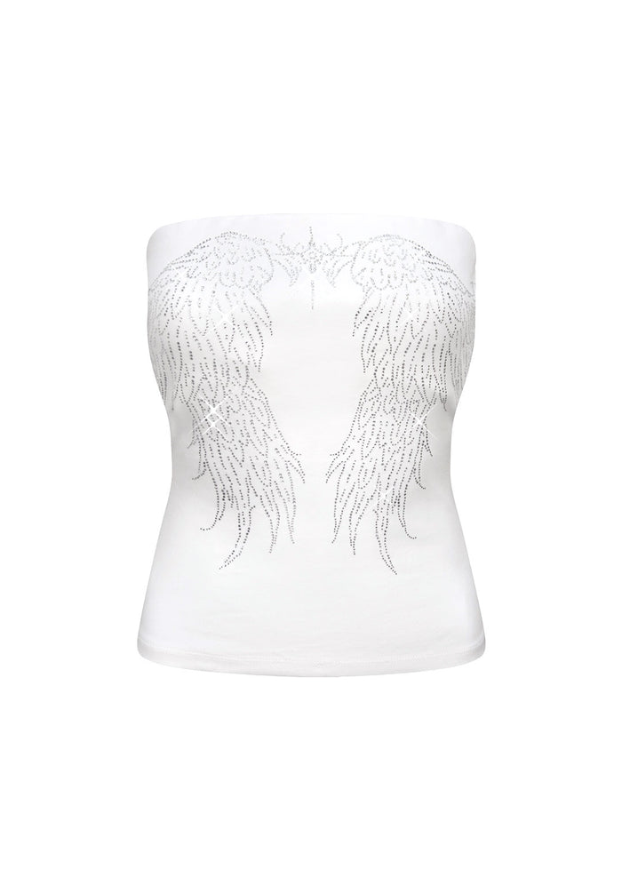 Front view of a white tube top with large rhinestone wing design, made from organic cotton.