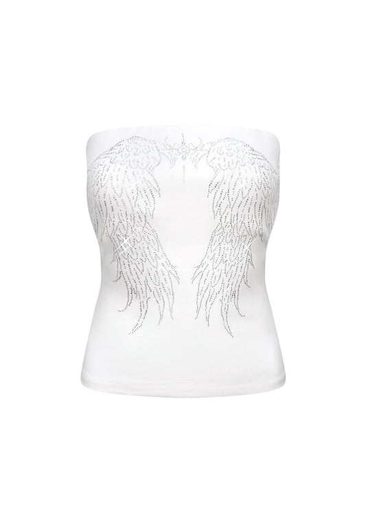 Front view of a white tube top with large rhinestone wing design, made from organic cotton.