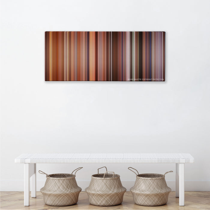 Falling Down color palette canvas above a white bench with three woven baskets