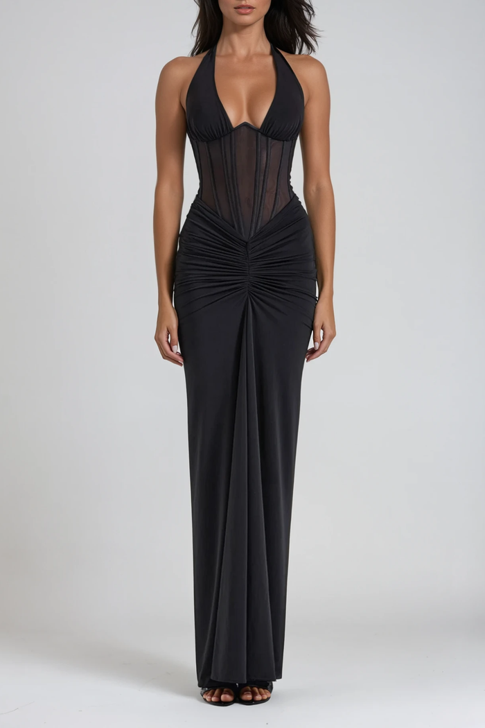 Fancy Halter Neck Corset Maxi Dress In Black