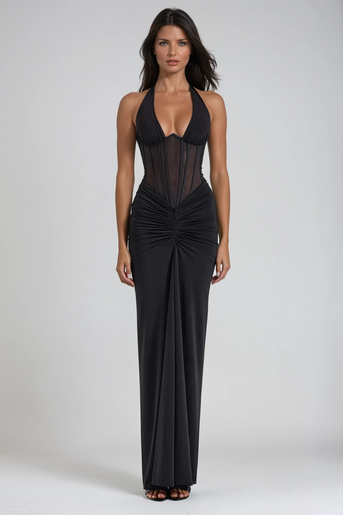Fancy Halter Neck Corset Maxi Dress In Black