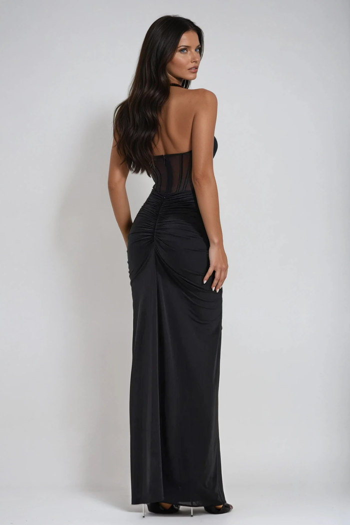Fancy Halter Neck Corset Maxi Dress In Black