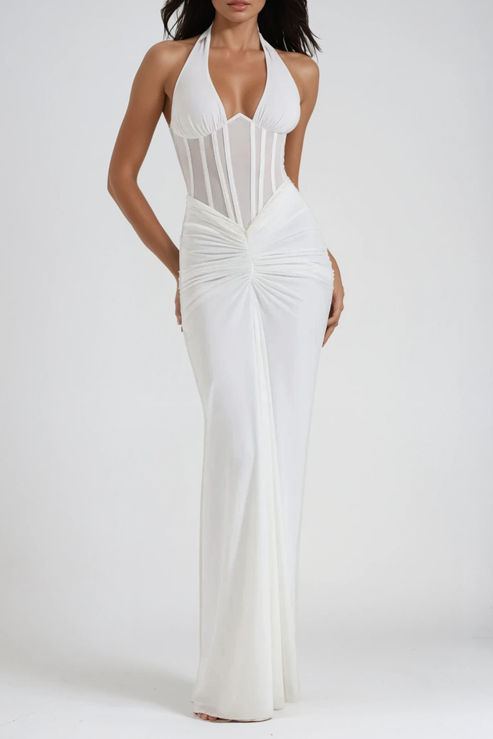 Fancy Halter Neck Corset Maxi Dress In White