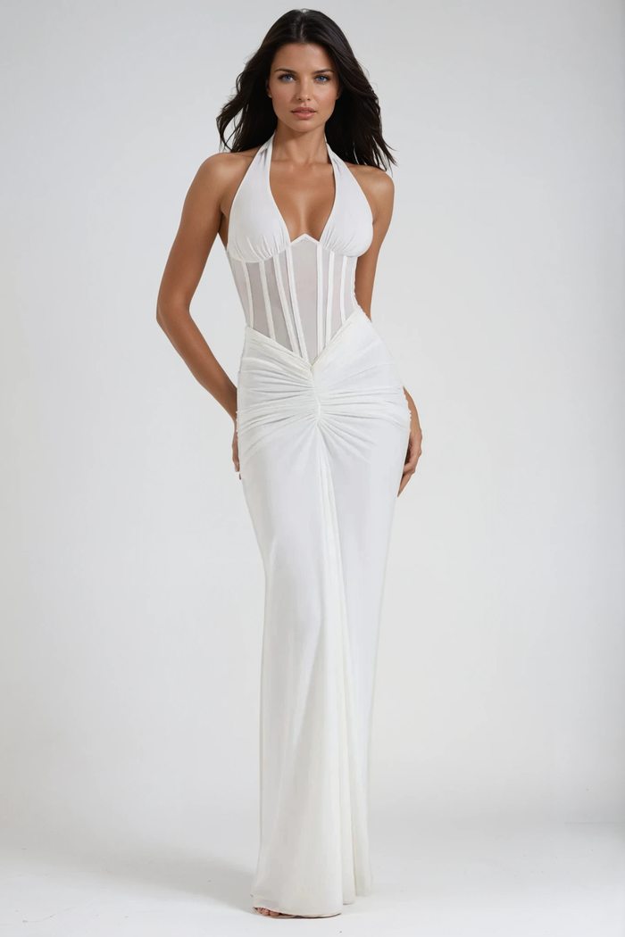 Fancy Halter Neck Corset Maxi Dress In White